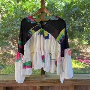 Rose And Gray Women's Colorful Wide Cut Pleated Long Sleeve Top Size L. NEW